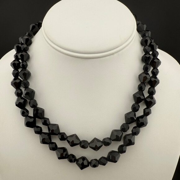 Faceted Black Glass Bead Necklace With 14K Gold Filled Accents Two-Strand Elegan - Picture 1 of 9
